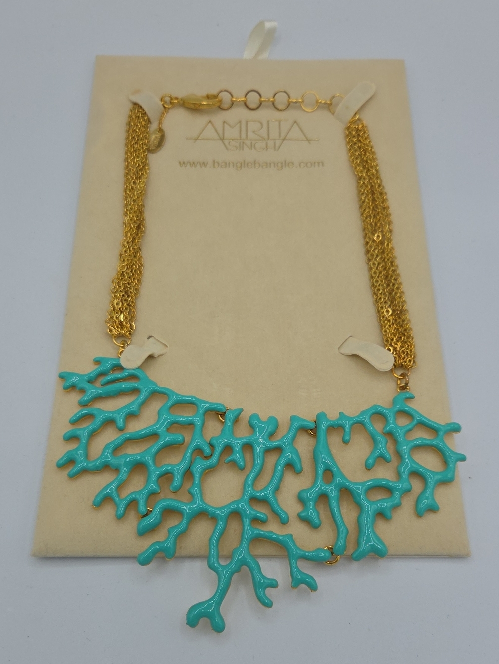 Amrita Singh Turquoise Color Enamel Branch Coral Bib Necklace Gold Tone Chains